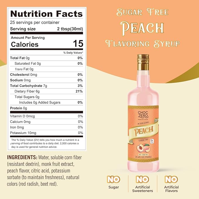 ChocZero Sugar Free Peach Flavoring Syrup – Keto Friendly, Zero Sugar & Low Calorie, No Sugar Alcohols – 25.4 Fl Oz