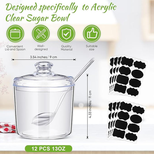 Tioncy 12 Pcs Hot Cocoa Bar Supplies Sugar Bowls with Lid and Spoon Party Bar Ice Cream Sundae Caramel Apple Dipping Container Christmas Acrylic Candy Dispenser with Tag (13 oz,Clear)