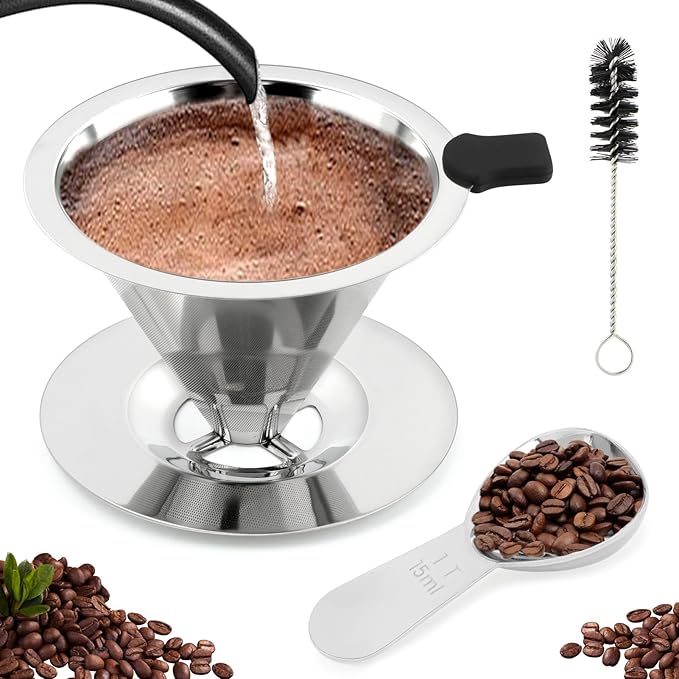 Pour Over Coffee Dripper,Upgraded Double Micro Mesh Filter With Cleaning Brush & 15g Measuring Scoop,Stainless Steel Reusable Coffee Filters Metal Cone-Filter Paperles(3-4cups)