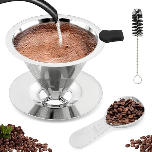 Pour Over Coffee Dripper,Upgraded Double Micro Mesh Filter With Cleaning Brush & 15g Measuring Scoop,Stainless Steel Reusable Coffee Filters Metal Cone-Filter Paperles(1-2cups)