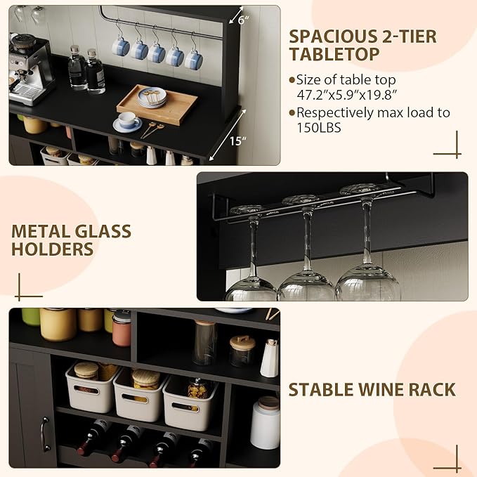 47 in Farmhouse Coffee Bar Cabinet with Charging Station & Wine Racks, Rustic Wood Kitchen Buffet Cabinet, Wine Bar Table for Dining Room Living Room, Black