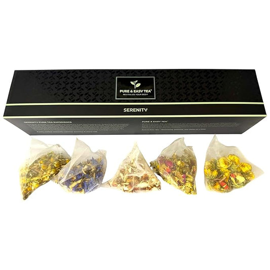 Pure And Easy Tea, Serenity Herbal Tea Sampler, 15-Count Whole-Leaf Caffeine-Free Variety, Designed to Restore Calm & Balance, BPA-Free Plant-Based Tea Bags, Premium Wellness Gift Box (49.5g)