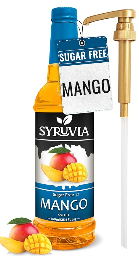 Syruvia Sugar-Free Mango Syrup, Flavored Syrup for Drinks, Cocktails, Lemonades, Iced Teas, and Desserts – 25.4 fl oz, With Pump