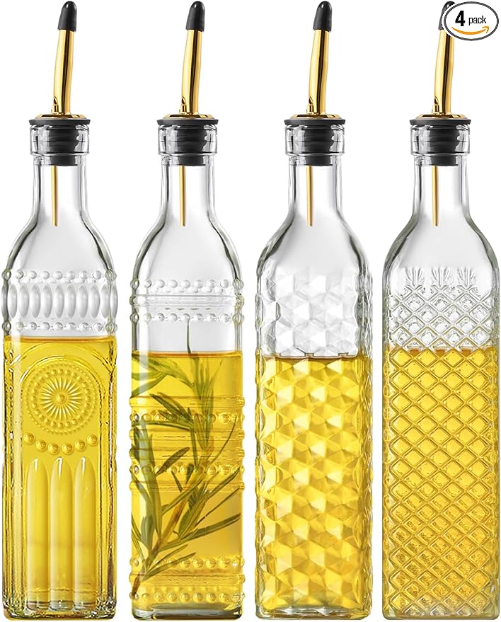 4 Pcs Olive Oil Dispenser Bottle for Kitchen,17oz Clear Glass Oil and Vinegar Dispenser Bottle Set, Classic Coffee Syrup Dispenser with 4 Stainless Steel Spouts and 1 Funnel (Square)