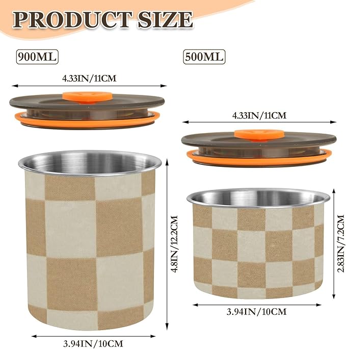 Checkered Beige Coffee Canister 30oz Stainless Steel Airtight Food Storage Container with Lid for Beans/Cereal Preserval