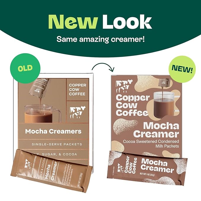 Copper Cow Coffee Sweetened Mocha Milk Creamer Singles (8 pack) | Vietnamese Inspired Coffee Creamer, All Natural Creamer Packets for Pour Overs & Lattes | No Refrigeration Needed, Travel Friendly