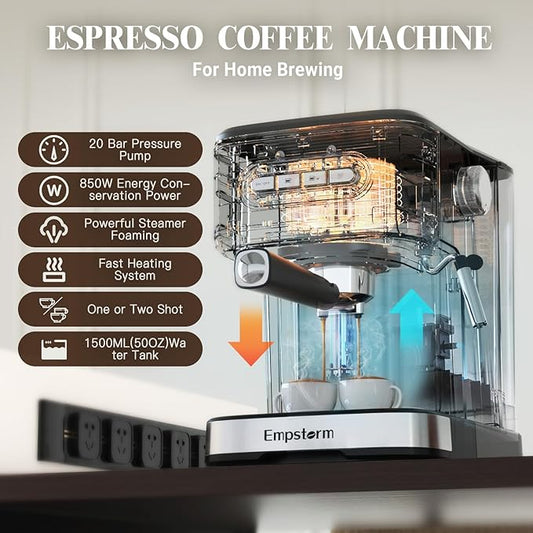 Espresso Machine 20 Bar, 2 in 1 Espresso Maker with Milk Frother Steam Wand for Latte and Cappuccino, Powder and Capsule Portafilter, 50oz Removable Water Tank expresso Coffee Machine for Home-Silver