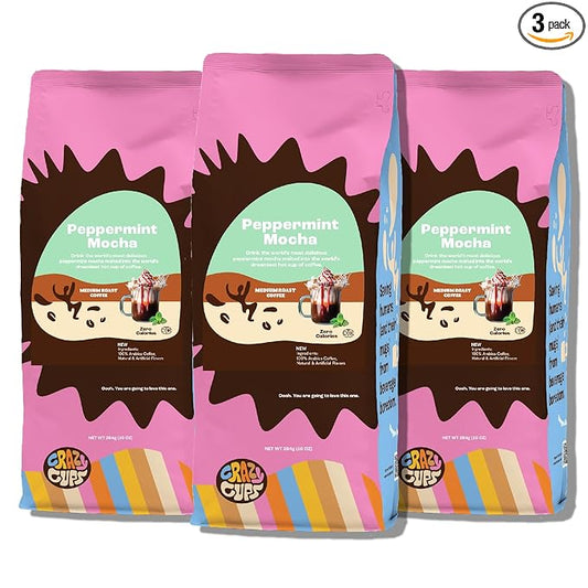 Crazy Cups Flavored Ground Peppermint Coffee, Peppermint Mocha Coffee in 10 oz Bag, For Brewing Flavored Hot or Iced, (Pack of 3)