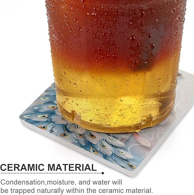 Peacock Drink Coasters, Square Ceramic Drink Coaster Square-6PCS, Vintage Country Flower Beautiful Peacock Floral Decor Absorbent Ceramic Coasters for Beverage Cup, Bar, Coffee Table