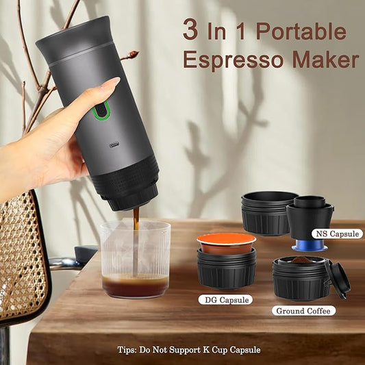 LumoShine Portable Espresso Machine, Mini Espresso Maker, Self Heating Coffee Maker Compatible with Ground Coffee, Capsule for Camping RV Hiking Outdoor Travel (Gray)