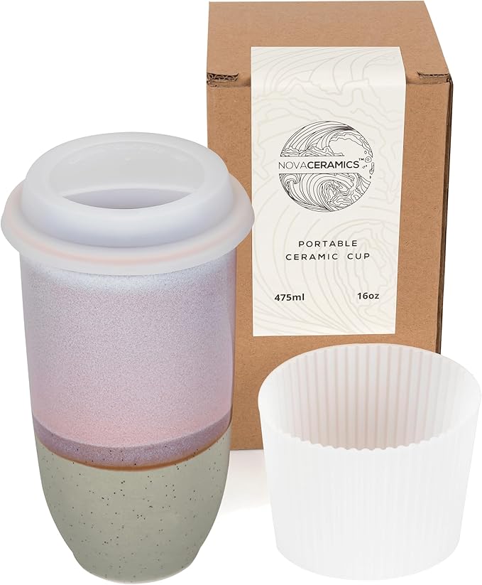 NOVA CERAMICS Coffee Travel Mug – Reusable To Go Mug – Microwave & Dishwasher Safe White & Purple Tumbler - Gifts For Women Men Him Her – 16oz – Horizon