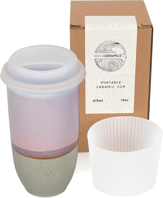 NOVA CERAMICS Coffee Travel Mug – Reusable To Go Mug – Microwave & Dishwasher Safe White & Purple Tumbler - Gifts For Women Men Him Her – 16oz – Horizon