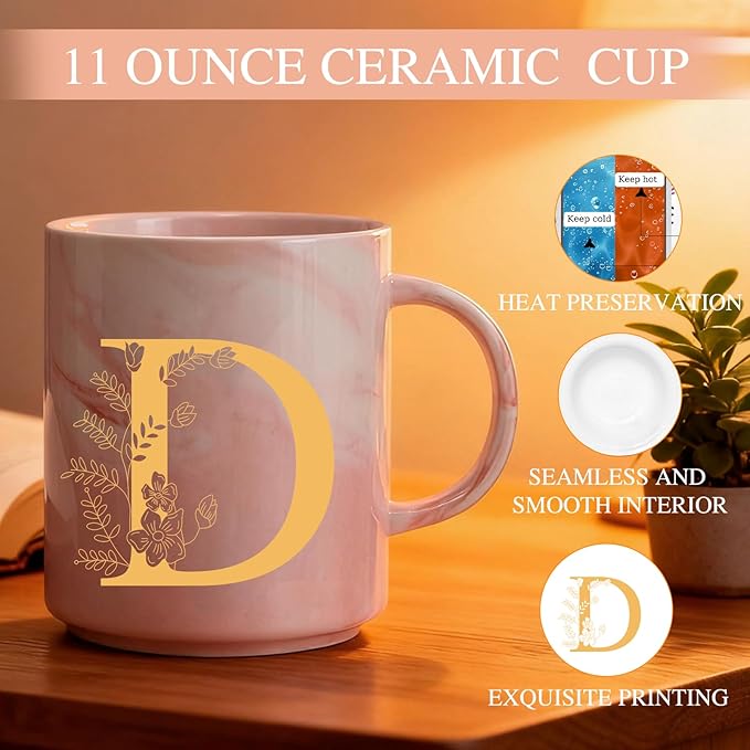 Monogrammed Valentine Days Gifts for Women, 11 oz Initial Ceramic Coffee Tea Mug with Necklace, Unique Mothers Day Birthday Gift for Her Wife Teacher Friend Mom, D