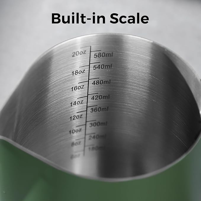Milk Frothing Pitcher – Stainless Steel Latte Art Pitcher for Steaming and Frothing Milk – Espresso Coffee Milk Jug with Handle – Barista Tool for Latte, Cappuccino(Green-12oz)