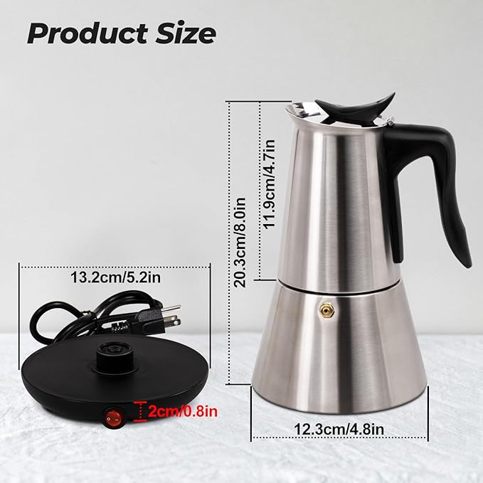 Vaolvpant Electric Stainless Steel Moka Pot 6 Cup 300ml Mocha Pot Espresso Maker with Detachable Base Ideal Coffee Maker for Home Italian and Cuban Café Coffee maker Espresso maker Coffee Pot