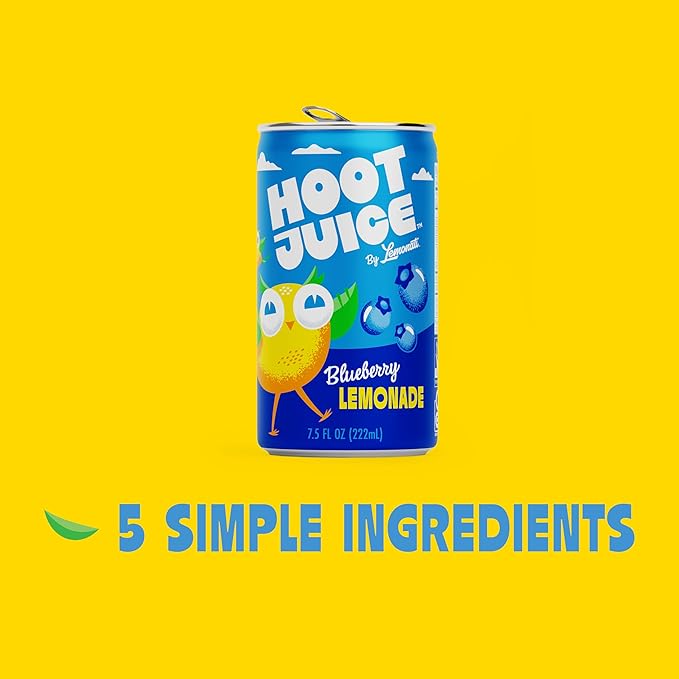 Hoot Juice Lemonade By Lemonati, No Artificial Sweeteners or Flavors, Gluten-Free, Kosher, Non-GMO, Vegan, 7.5 Fl Oz Mini-Cans, Pack of 12, Blueberry