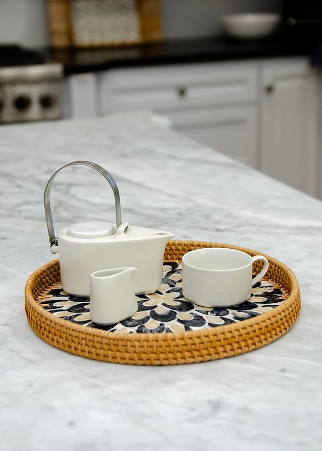 Magenta & Teal Round Rattan Serving Tray with Mother of Pearl Inlay, Wicker Coffee Table Decor, Farmhouse Style (Blue Tan Flower)