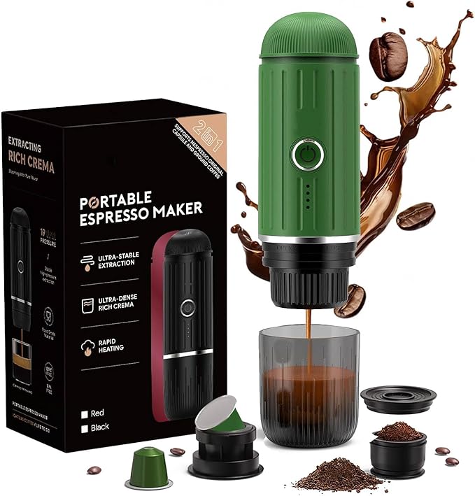 Portable Espresso Machine with 3-4 Min Self-heating, 12V Rechargeable Electric 2-in-1 Coffee Machine Compatible with NS Capsules and Ground Coffee for Car Camping Travelling Office Home , Green