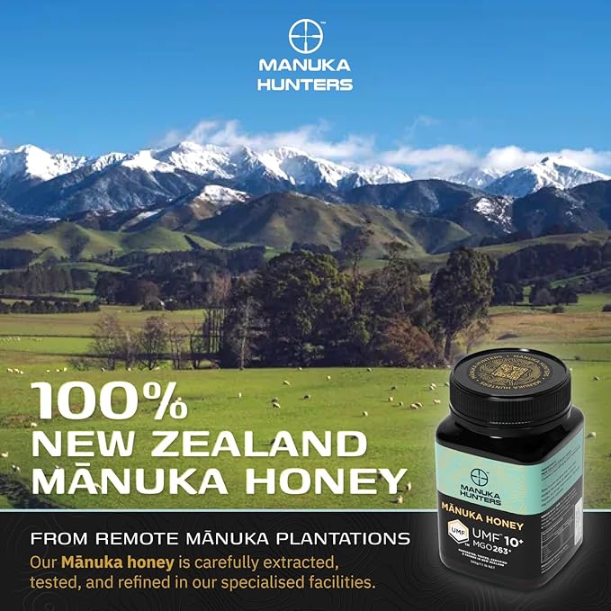 Manuka Hunters UMF 10+/MGO 263+ Certified New Zealand Manuka Honey - 100% Pure Natural Sweetener - Gluten, Dairy Free - Ideal for Tea, Coffee, Smoothies, and Baking - Sustainable - 1.1lb/500g Jar