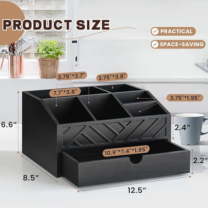 Coffee Bar Organizer with Drawer, Coffee Station Organizer for Countertop, Wood Coffee Bar Accessories Organizer for Coffee Bar Decor, Farmhouse Cup Pod Holder Condiment Organizer(Black)