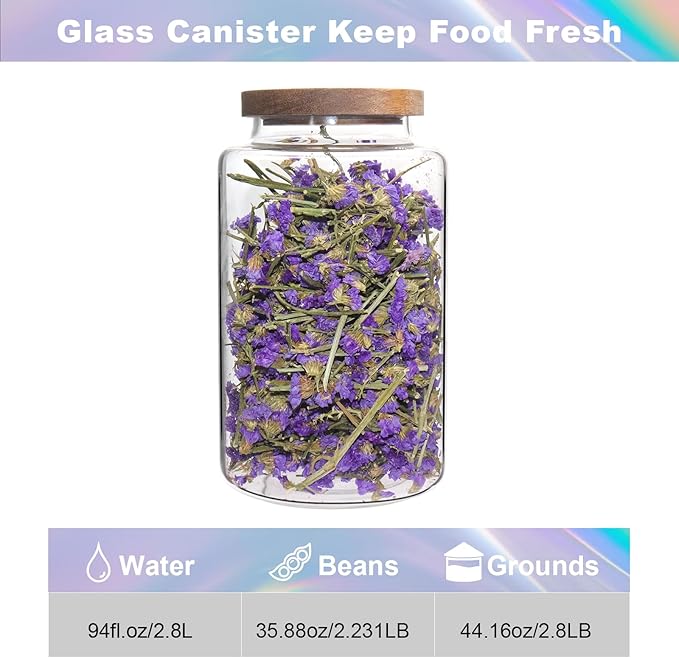 Glass Canister Glass 94oz 1Pack Food Storage Jars With Airtight Lids Borosilicate Glass Coffee Canister Container for Coffee Beans & Grounds Tea Sugar Spices Kitchen (94oz(2800ml)-A-1pack)