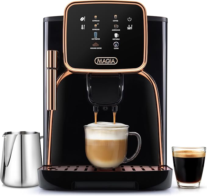 Zulay Kitchen Magia Clasica Automatic Espresso Machine with Built-In Grinder, Touch Panel Coffee Maker, Steam Wand Milk Frother, Adjustable Strength, Self-Cleaning, Black & Copper