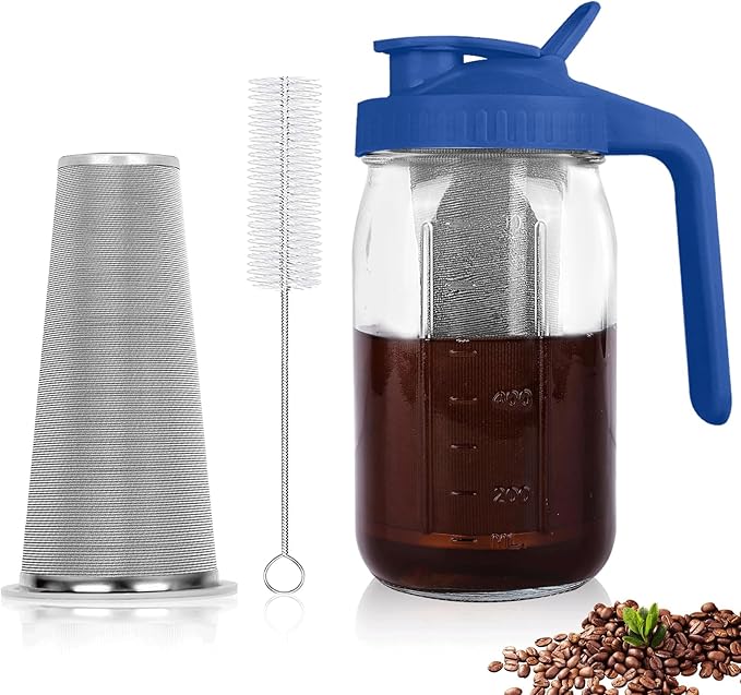 QHH Cold Brew Coffee Maker,32 oz Mason Jar Pitcher with Stainless Steel Filter, Pour Spout Handle Lid, Heavy Duty Glass Airtight & Leak-Proof Pitcher for iced coffee Tea Lemonade-Blue