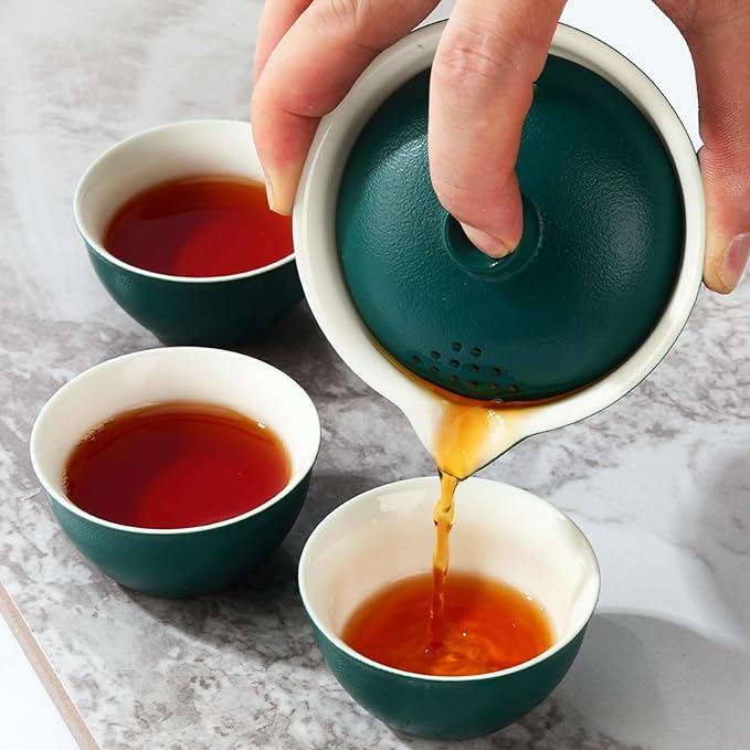 Porcelain Chinese Gongfu Tea Sets for Adults Portable Kungfu Teapot and Cup Set Small Ceramic Tea Party Set Travel Teaset with Lid for Home Gifting Outdoor and Office (Green)