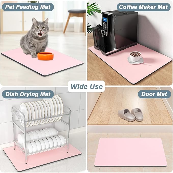 Rnivvi Coffee Mat, 12" x 19" 3MM Coffee Bar Mats for Espresso Machine Station Accessories and Organizer, Hide Stain Rubber Backed Absorbent Dish Drying Pad for Kitchen Counter, Cute Bar Decor Pad,Pink