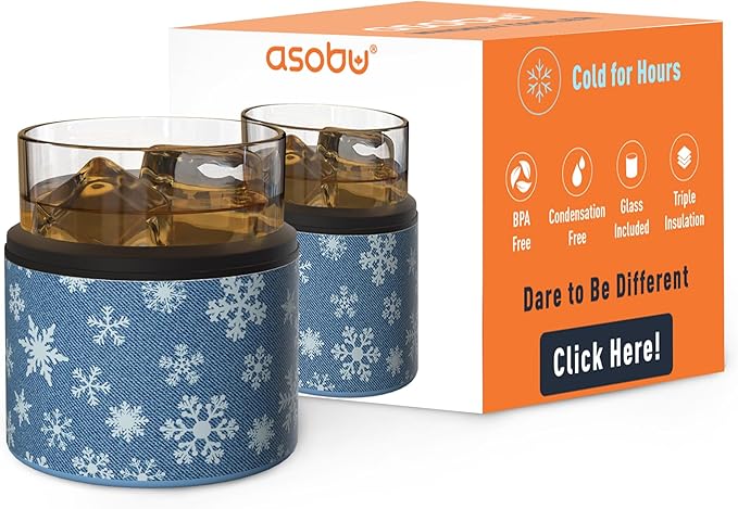 asobu Whiskey Sleeve Glass – Insulated Bourbon Tumbler with Premium Rocks Glass, BPA-Free, Double-Wall Stainless Steel, Keeps Drinks Cold Longer, 10.5oz