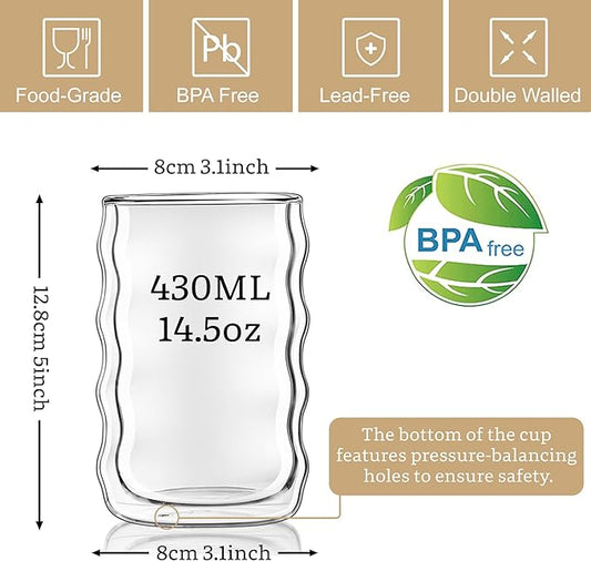 Joeyan 14.5oz Double Wall Glass Tumbler, Clear Insulated Thermal Glass Cups for Hot Cold Drinks, Tall Highball Drinking Glasses for Beer, Lemonade, Iced Coffee, Cocktail, Tea, Smoothie, Set of 2