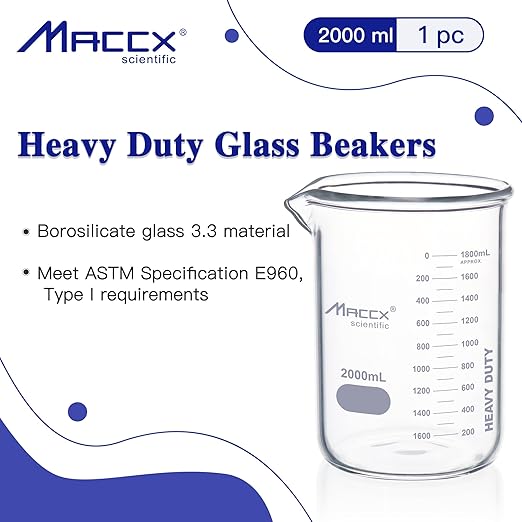 67.6oz(2000ml) Sturdy Glass Beaker, Heavy-Duty 2L Lab Beakers,3.3 Borosilicate Griffin Low Form with Printed Graduation, BKL2K0-001