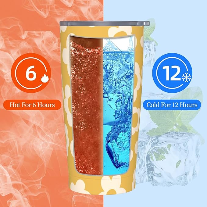 Vintage Groovy Flowers 20oz Stainless Steel Insulated Tumblers Travel Mug Cup Leakproof Gift For Men Women Hot & Cold Drinks Splash-Proof Lid Metal Straw and Brush