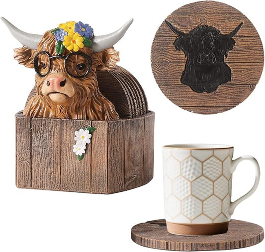 Cabin Coasters Set 6 Full Size Non-Slip Bar Coasters, Indoor Christmas Decorations, Man Cave Gifts for Men, Rustic Handmade Decor for The Home (Highland Cattle)