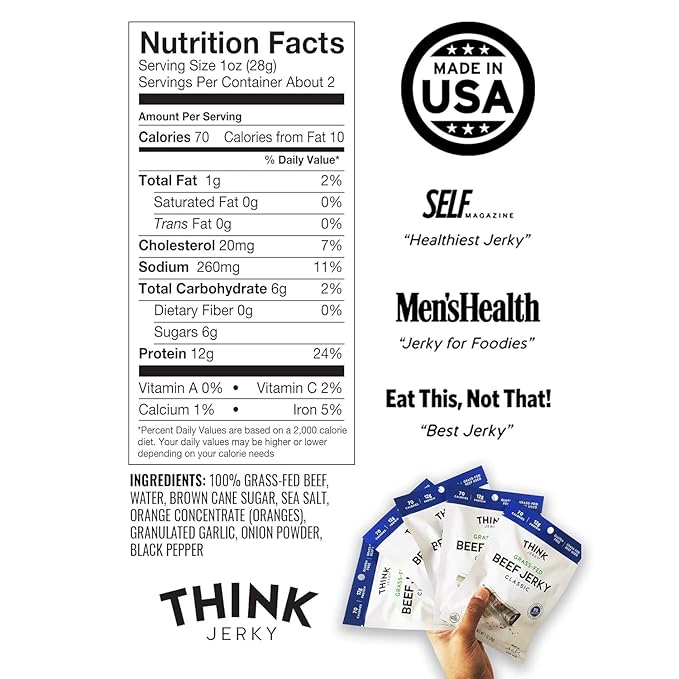 Think Jerky Classic Beef Jerky, Grass-Fed High Protein Beef Jerky, Gluten Free, No Antibiotics or Nitrates, Healthy Chef Crafted Recipe, Low Calorie and Low Fat - 2.2 oz Bags, 4 Pack