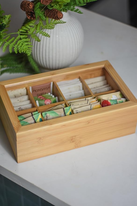 Acacia Wood and Bamboo Tea Bag Organizer - 4 & 8 Compartment Tea Box for Countertop - Tea Station & Coffee Bar Accessories - Fits Large & Craft Tea Bags (Wood, 8 Compartment)