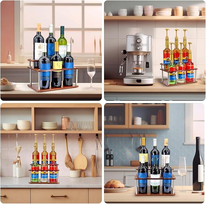 Coffee Syrup Organizer Rack,2-Tier Coffee Syrup Stand Holder for Coffee Station Countertop,6 Bottles Storage Display Shelves for Wine, Dressing Cocktail in Coffee Bar