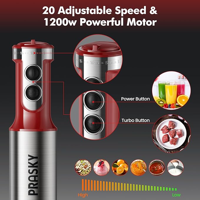 Immersion Blender Handheld Hand Blenders, 20 Speed & Turbo Mode Hand Held Blender, Heaviest Duty Copper Motor, Stainless Steel Blades, Milk Frother Wand, Whisk, 600ml Beaker, 500ml Chopper (Red)