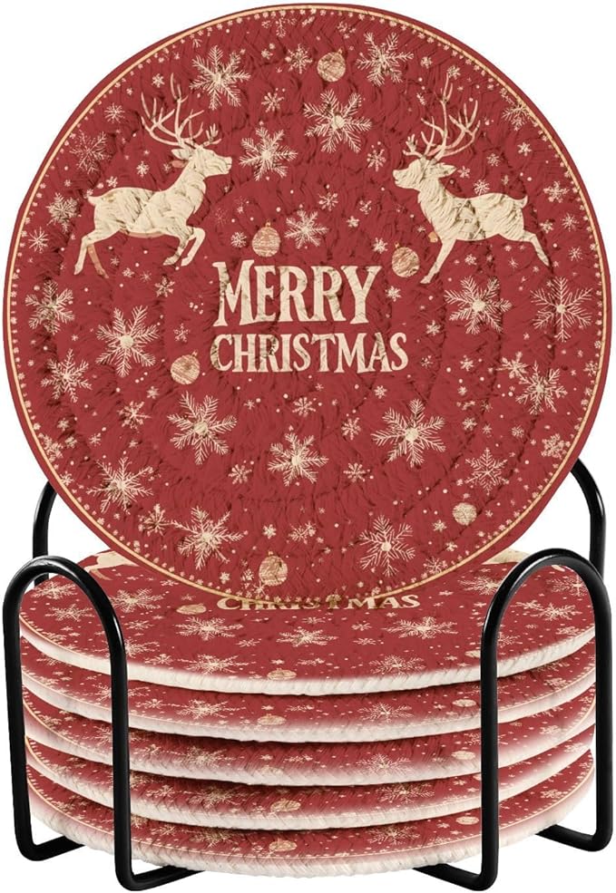 Christmas Coasters with Holder Elk Reindeer Gold Snowflakes Red Coasters Set of 6 Cotton Woven Absorbent Cup Coaster Christmas Xmas Holiday Party Table Decor 4 Inches