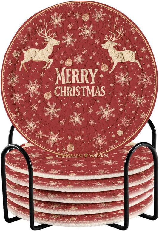Christmas Coasters with Holder Elk Reindeer Gold Snowflakes Red Coasters Set of 6 Cotton Woven Absorbent Cup Coaster Christmas Xmas Holiday Party Table Decor 4 Inches