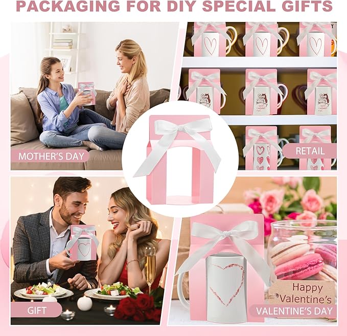 Kosiz 36 Pcs Mug Boxes Sublimation Coffee Mugs Gift Bags with Window Packaging Storage Box for Shipping Selling Wedding Valentines Gift Packaging Wrapping (for 11oz Mug,Pink,White)