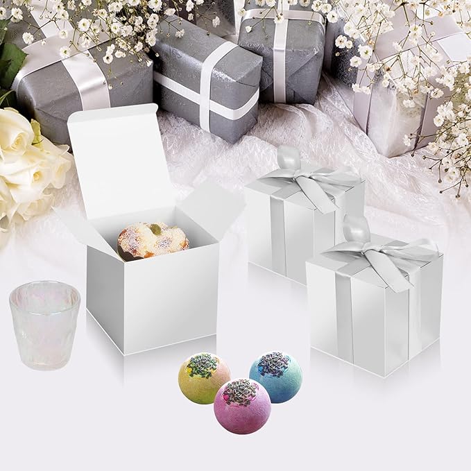 50 Pack Small Gift Boxes, 3x3x3 Favor Boxes Silver Paper Gift Boxes with Lids for Presents, Crafting, Cupcake Boxes, Gifts, Candy Boxes for Wedding Party Bridal Shower Baby Shower Favors