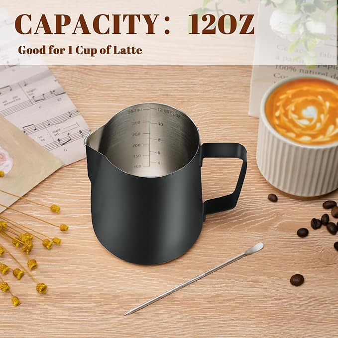Milk Frothing Pitcher, 12oz Milk Frother Cup with Clear Scale, 304 Stainless Steel Cappuccino Espresso Machine Accessories for Barista Coffee Bar with Latte Art Pen, Black