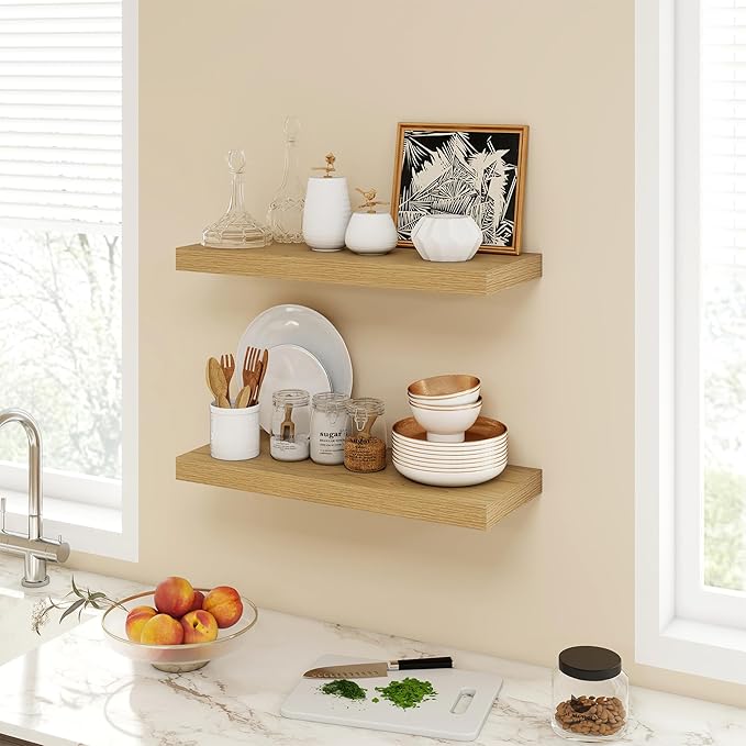 24 Inch Floating Shelves, 9.3" Deep Floating Shelf Wall Mounted, 24" Wall Shelves, Rustic Deep Bookshelf, Large Display Shelves & Storage Shelves for Bedroom, Living Room, Oak, Set of 2