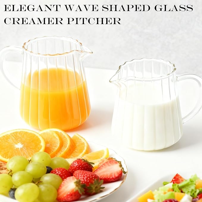 2 Pcs Small Glass Creamer Pitcher With Box, 250ml Creamer Pitcher with Handle, Elegant Wave Shaped Small Glass Pitchers, Milk Frothing Pitchers, Serving Jug for Kitchen,Coffee Bar,Home
