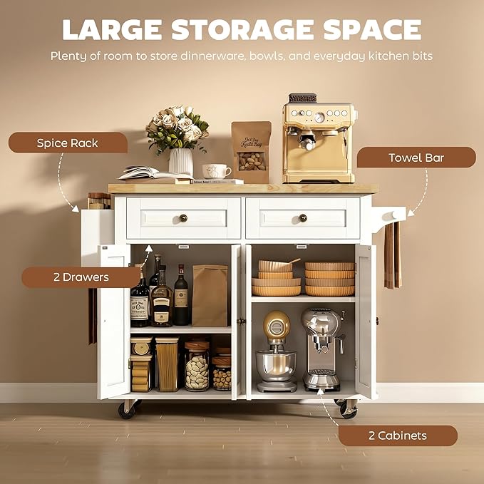 HOMCOM Kitchen Island Cart with Rubber Wood Top, Rolling Kitchen Island Table on Wheels with Drawers, Adjustable Shelves, Spice Rack and Towel Rack for Dining Room, White