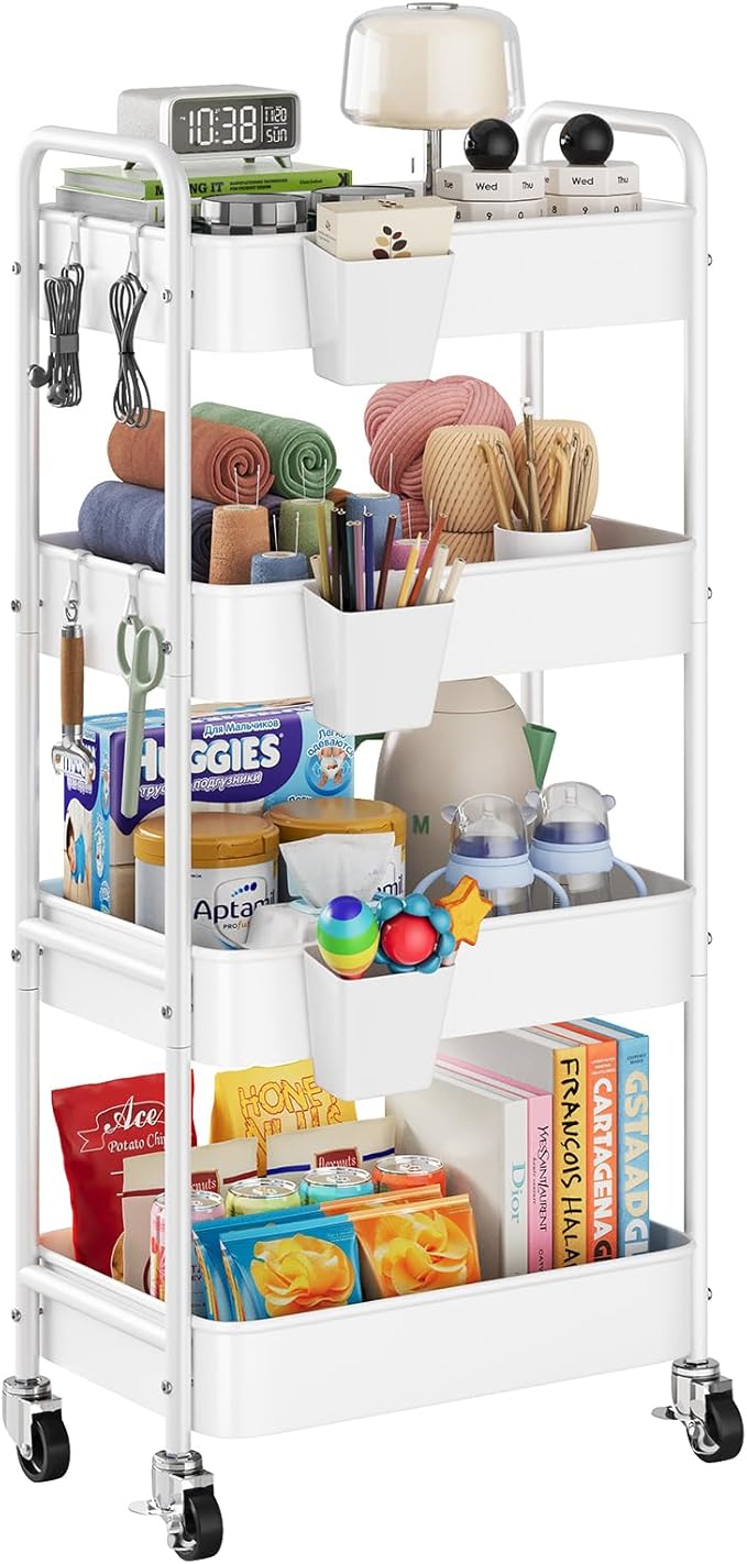 4 Tier Rolling Cart Metal with Wheels, White Four Tiered Rolling Storage Cart on Wheels, Utility Roller Carts Organizer for Art, Craft, Baby Diaper Caddy, Snack, Book, Large-Capacity Shelving Units