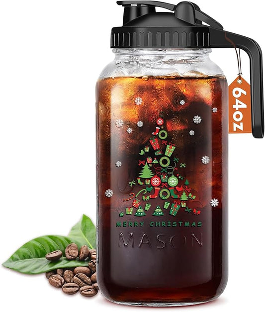 Christmas Gift for Mom,Mason Jar Pitcher, 64 oz Glass Milk Pitcher, Wide Mouth & Leakproof Glass Pitcher with Lid for milk, Sun Tea, Juice, Cold Brew Coffee and Drinks(Christmas tree）