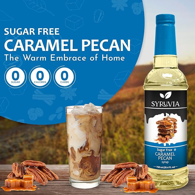 Syruvia Sugar Free Coffee Syrup, Caramel Pecan Flavored Syrup for Drinks, Lattes, and Desserts – 25.4 fl oz, With Pump