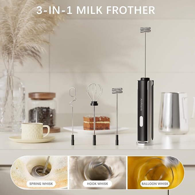 Handheld Milk Frother Wand, Rechargeable Electric Whisk with 3 Speeds & 3 Stainless Heads, Milk Foam Maker with Stand for Latte, Cappuccino, Hot Chocolate, Egg